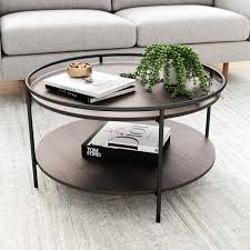 Diy vintage chic cofee table. Nathan James Paloma Round Coffee Table For Tea Or Cocktail 2 Tier Minimalist Tray Top Edge Dark Oak Matte Black Walmart Com Walmart Com