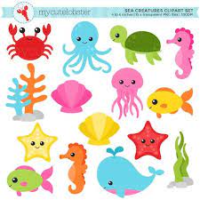 Sea Creatures Clipart Set Sea Animals Clip Art Crab Fish Etsy Cartoon Sea Animals Sea Creatures Animal Clipart