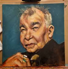 Acrylic painting of a face with a poetic quote