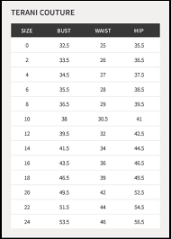 22 true terani couture size chart