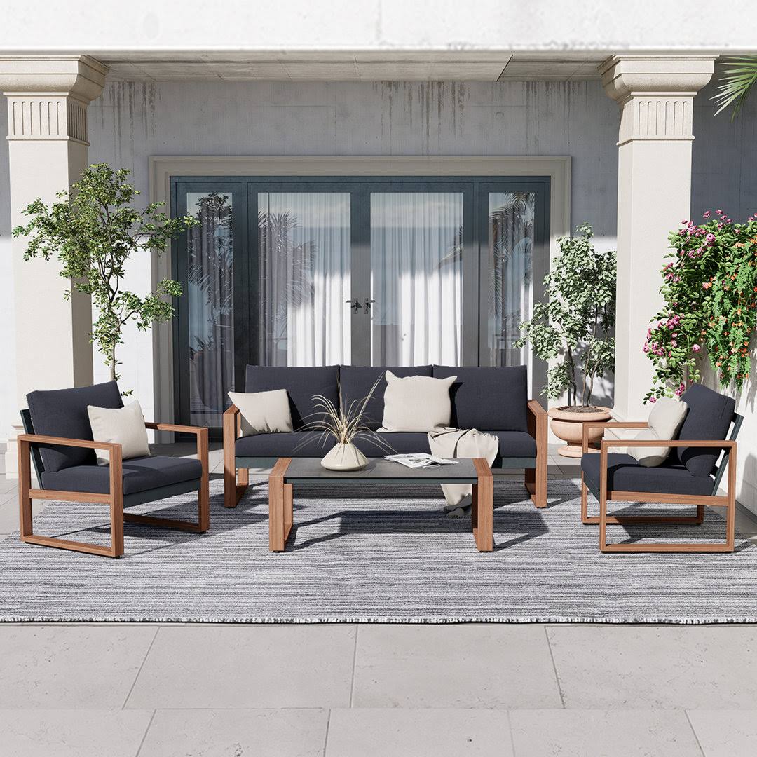 Arunas 5 Person Outdoor Conversation Furniture Set Seating Group with Wood Pattern and Cushions
