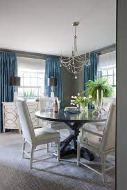 Roxanne Lumme Interiors Angie Seckinger Photography Gray Grasscloth Hickory Chair Server Vintage Cen Dining Room Teal Grey Dining Room Dining Room Blue