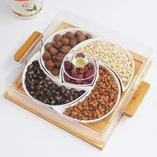 Home Five Grid Ceramic Wood Tray Snack Platter Snack Plate Cooking Utensils Set