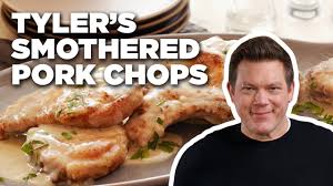 The bone actually gives the then, add the apples and pork chops back into the pan. The Best Smothered Pork Chops With Tyler Florence Food Network Youtube