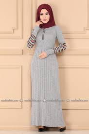 Moda Selvim Fermuarli Triko Tesettur Elbise 2202kl398 Gri Fashion High Neck Dress Maxi Dress