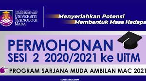 Untuk makluman, bagi pelajar yang ingin melanjutkan pengajian ke upu, pengambilan kedua uitm, uia, ump dan upsi bagi sesi akademik 2020/2021 telah dibuka (second intake). Permohonan Kemasukan Ke Program Sarjana Muda Uitm Ambilan Mac 2021 Di Buka Edu Bestari