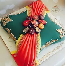 Large Pillow Cake With The Dupatta Drape And Mini Fondant Cushions And A Miniature Dhol In Colours To Match The Brides Pillow Cakes Mehndi Cake Bollywood Cake