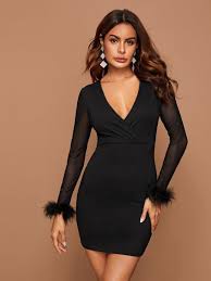 Plunge Neck Faux Fur Cuff Sheer Sleeve Bodycon Dress Bodycon Dress With Sleeves Glamorous Dresses Mini Dress