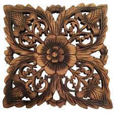 Wood Plaque Oriental Carved Lotus Square Rustic Wall Decor Hand Carved Wall Art Decor Panel Thai Decorative Wood Panels Size 12 X12 X0 5 Dark Brown Carved Wood Wall Art Carved Wall Art Rustic