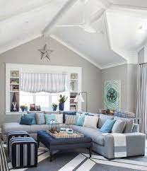 Beige Sand Walls Grey Couch With Blue Cushions 20 Simple Small Living Room Co Beach Living Room Coastal Decorating Living Room Coastal Living Room Furniture