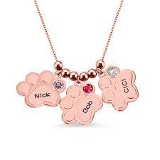 Multiple Engraved Paw Print Necklace With Birthstones In Rose Gold In 2021 Paw Print Necklace Paw Print Pendant Paw Print Charm