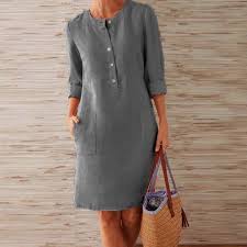 Autumn Cotton Linen Dress Fashion Button O Neck Knee Party Dress Women Long Sleeve Pocket Solid Dresses Plus Size In 2020 Long Sleeve Shift Dress Mini Dress Fashion Mini Dress With Sleeves