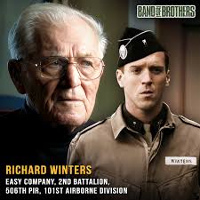 Richard Winters, who is portrayed by Damian Lewis in "Band of Brothers",  traveled to England to visit the set of the HBO miniseries. However, not  long after arriving