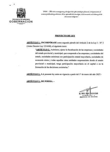 PASSALACQUA ENVI� A LA LEGISLATURA UN PROYECTO PARA AMPLIAR EL CONTROL DEL TRIBUNAL DE CUENTAS SOBRE EMPRESAS ESTATALES - Provincia de Misiones