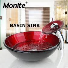 This is a small angled vanity with a sink and faucet, a small counter, and a bathroom mirror. Red Round Washroom Basin Vessel Vanity Sink Bathroom Mixer Tempered Glass Basin Sink Washbasin Faucet Set With Drain Bathroom Sinks Aliexpress