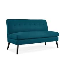 To create a conversation area in a large room, place a loveseat and a chaise lounge across from a sofa, and finish the space with a coffee table. Kenneth Mid Century Modern Armless Loveseat Linen Peacock Blue Handy Living Target