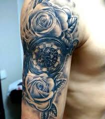 Grey Rose Flowers And Clock Tattoo On Right Half Sleeve Jpg 528 600 Clock Tattoo Design Clock Tattoo Arm Tattoos Clock