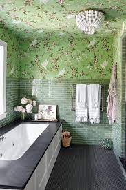 These Bathrooms Will Inspire You To Go Bold With Wallpaper Bathroom Wall Tile Design Green Bathroom Feminine Bathroom