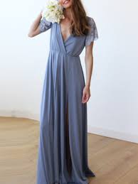 Dusty Blue Wrap Maxi Dress With Short Lace Sleeves Short Sleeve Bridesmaid Dress Wrap Dress Bridesmaid Short Maxi Dress