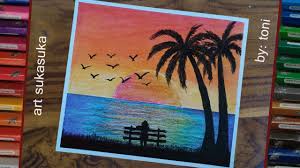 Sketsa menggunakan oil pastel : Sunset Oil Pastel Drawing Gambar Crayon Step By Step Painting Pemandangan Cara Menggambar