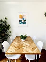 Solid Oak Parquet Dining Table Herringbone Mid Century Etsy Modern Kitchen Tables Midcentury Modern Kitchen Table Dining Table