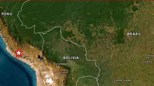 Epicentro do abalo sísmico de magnitude 7,2 no Peru, gerada com IA