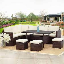 7 Piece Outdoor Conversation Set All Weather Wicker Sectional Sofa Couch Dining Table Chair With Ottoman Grey Walmart Com In 2021 Patio Furniture Layout Sectional Patio Furniture Couch Dining Table
