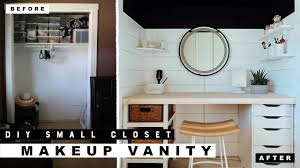 Under the mirror is a deep compartment with a front that can fold open, allowing easier access. Turning A Small Closet Into A Diy Makeup Vanity Youtube