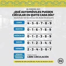 La restricción vehicular se aplicará nuevamente el lunes 6 de enero de 2020 en horario de 6 a.m. Hoy No Circula En Quito Asi Sera La Movilidad Vehicular La Primera Semana De Marzo Ecuador Noticias El Universo