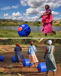 In South Africa, the Hippo Roller project helps people transport water with ease. Instead of lifting heavy buckets, users roll a large plastic drum along the ground. Each Hippo Roller can hold