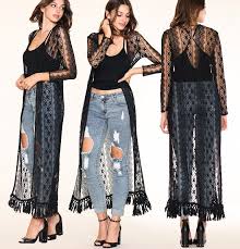 Nwt Floor Length Boho Lace Black Maxi Duster Cardigan Open Front Long Sleeve Top Lace Outfit Long Sleeve Kimono Fashion