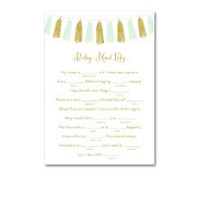 A fun activity for your baby shower. Free Printable Baby Shower Mint Green Tassel Gold Glitter Activity Mad Libs Instant Download Instant Download Printables