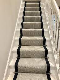 Grey Herringbone Stair Runner With Navy Trim Victoriawoodley Carpet Staircase Stair Runner Carpet Carpet Stairs