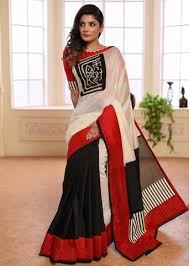 Black And Red Combination Designer Saree Exclusive White Black Chanderi Saree Combination Saree With Batik Patch On Front Cotton Saree Designs Indian Saree Blouses Designs Elegant Saree