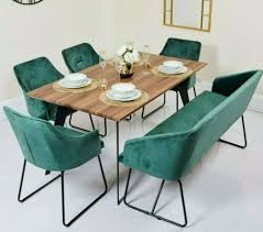 Luxury Wooden Dining Table Set Iron Legs Green Soft Velvet Chairs Sofa 6 Seater In 2020 Sofa Dining Table Retro Dining Rooms Round Dining Table Sets