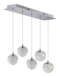 This linear pendant suspends three cage shades from a simple bar, each one equipped with a standard medium socket to accommodate bulbs up to 100w each. Et2 E24265 91pc Polished Chrome Orb Ii 34 Wide Led 5 Light Linear Pendant With Crystal Bubble Glass Shades Lightingdirect Com