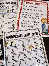 Dominoes Math Games And Activities For First Grade Or Second Grade Where Students Grab A Domino Find The Sum And Pl Math Facts Kindergarten Math Math Centers
