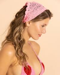 Lenço de Cabeça em Crochê Rosa Claro