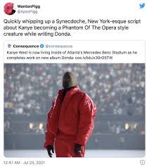 Kim kardashian and kanye west, just months after filing for divorce, shocked everyone when kardashian appeared on stage in a balenciaga couture wedding dress during west's donda listening event. Kanye West S Donda Release Know Your Meme