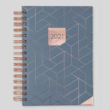 Concealed spiral bound, coloured textured pvc cover. 2021 A5 Day A Page Diary With Rose Gold Wiro Grey Matilda Myres Tangible Stationery
