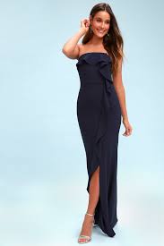 Valerie Navy Blue Ruffled Strapless Maxi Dress Party Dress Classy Chiffon Evening Dresses Maxi Dress Formal
