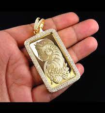 Mens Custom Xl Pamp Suisse Yellow Gold Finish Bar Pendant With Simulated Diamond Bezel With Beaded Chain 659 Via Shopse Silver Payal Bar Pendant Beaded Chain