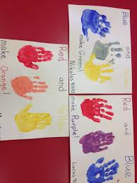 Preschool Color Mixing Paint Each Hand A Different Primary Color Then Have The Child Rub Their Hands Together Preschool Colors Preschool Art Color Activities