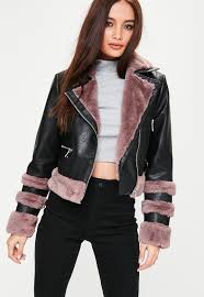 Missguided Pink Faux Fur Trim Biker Jacket Coats Jackets Women Jackets Coats Jackets