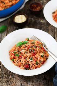 One Pot Tomato Orzo Recipe Orzo Recipes Vegan Main Course Orzo