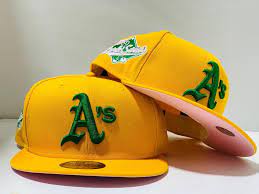 Oakland Athletics 1989 World Series Yellow Pink Brim New Era Fitted Hat Fitted Hats New Era Fitted Pink Brim