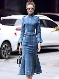 الصلبة اللون الزنانير الوقوف الياقة مضيئة الأكمام حورية البحر فساتين Denim Skirt Outfits Denim Design Fashion