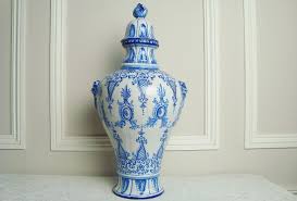 Vintage French Ginger Jar In Blue And White St Clement Vase With Leaf And Scroll Motifs 20 4 Inches French Vintage Ginger Jars Blue And White