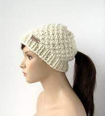 Ivory Knit Ponytail Hat Ponytail Beanie Chunky Knit Winter Hat With Hole Low Ponytail Hole Gift Fo Ponytail Beanie Ponytail Hat Knitted Ponytail Hat