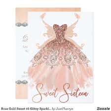 Rose Gold Sweet 16 Glitzy Sparkle Glam Gown Wings Invitation Elegant Sweet Sixteen Party Dress Invitation With A F Sparkle Gown Gold Birthday Party Pixie Wings